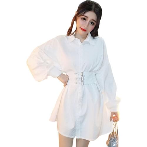DANCING WINGS Women Long Sleeve Cotton Tops Pure Color Casual Loose Shirts Buckle Corset Waist