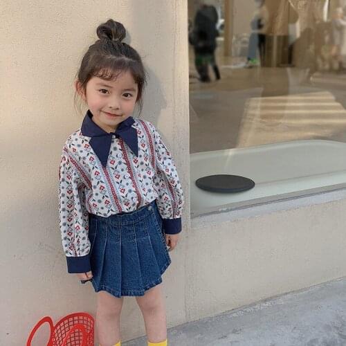 Girls' Shirt 2021 Autumn New Childrens Vintage Broken Flower Turn-down Collar Casual Fashion Korean Top Shirts for Girls