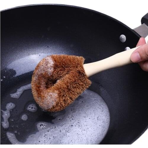 RSCHEF Natural coconut brown non-stick oil long handle pot brush Dish washing oil cleaning brush Can hang type brush