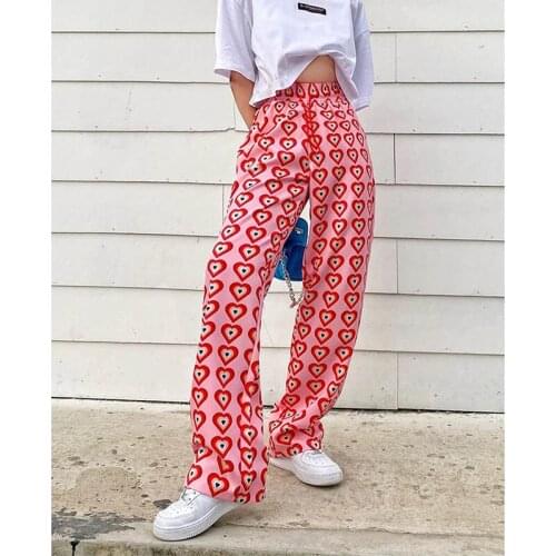 Love print wide leg Y2K Korean Style Sexy straight elastic high waist pants drawstring fashion trousers Streetwear Vintage pants