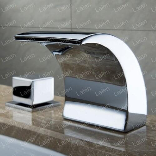 All copper LED Waterfall Bathroom Cabinet split three holes basin taps basin faucet hot and cold wash basin