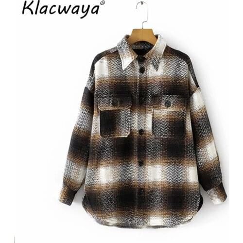 Women 2020 Vintage Stylish Pockets Oversized Plaid Jacket Coat Fashion Lapel Collar Long Sleeve Loose Female Outerwear Chic Tops