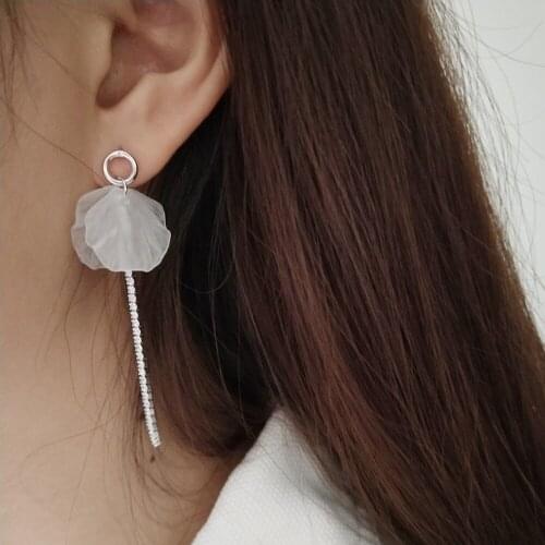 925 Sterling Silver Camellia Petal Crystal Tassel Earrings Rhinestone Long Chian Flower Drop Earrings Dangle Jewelry For Women