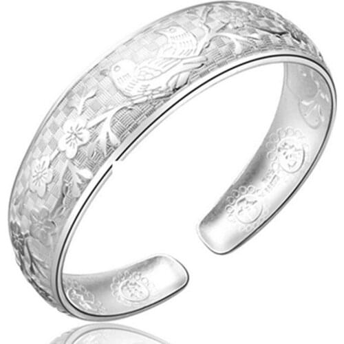 New Fashion Design 925 Sterling Silver Plant Magpie Plum Big Bracelet Bangles for Women Jewelry Silver Bracelet