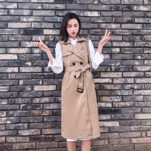 Mujer Abrigos Spring New Korean Sleeveless Lapel Single-breasted Belt Stitching Windbreaker Solid Color Trench Coat Female Z733