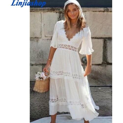 Casual Cotton Stitching Embroidery Maxi Dress Bohemian White Summer Short Sleeve Women Beach Dress Sexy V-neck Vestidos