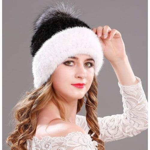 Mink Fur Cap Knitted Hats With Fox Fur Ball Winter Beanies 100% Natural Genuine Fur Caps Russian Hat Cap For Women Free Shipping