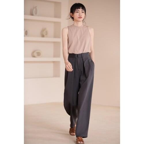 21 summer new Tencel cotton loose waist adjustable high waist slim long leg suit wide leg pants 0625-8