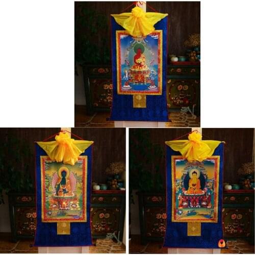 3PCS Wholesale Buddhist supplies --85CM Large -HOME Thang-ga Thangka Amitabha Shakyamuni the Medicine Buddha Buddhism art