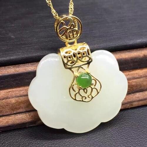 925 Sterling Silver Gold Plated Inlaid Natural Hetian Jade And White Jade Ruyi Lock Pendant