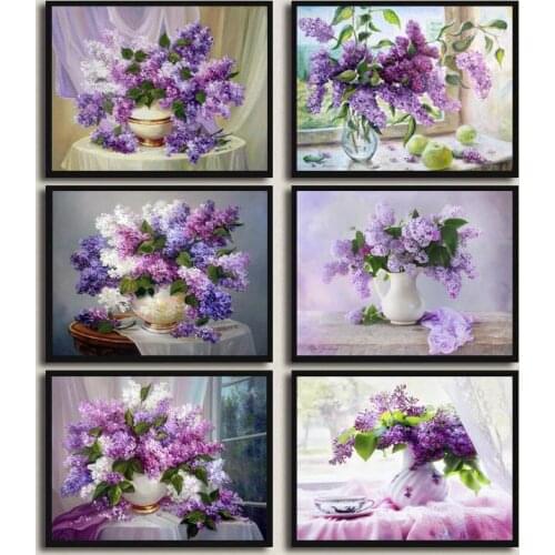 Diamond mosaic flowers in vase chrysanthemum diamond embroidery craft lavender and fruits painting rhinestones needlework hobby