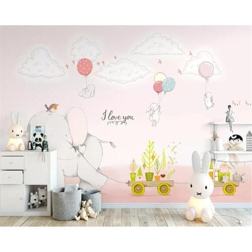 Beibehang Custom 3d wallpaper Hand-painted personality cartoon elephant white rabbit children room TV background wall wallpaper