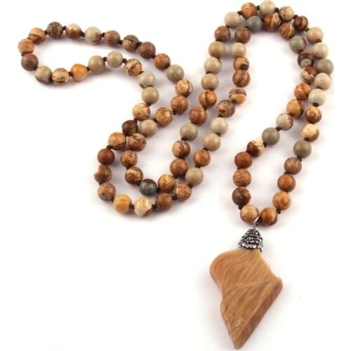 Free Shipping Semi Precious Stones Knotted Irregular Crystal pave Brown Stone Pendant Ethnic Necklace