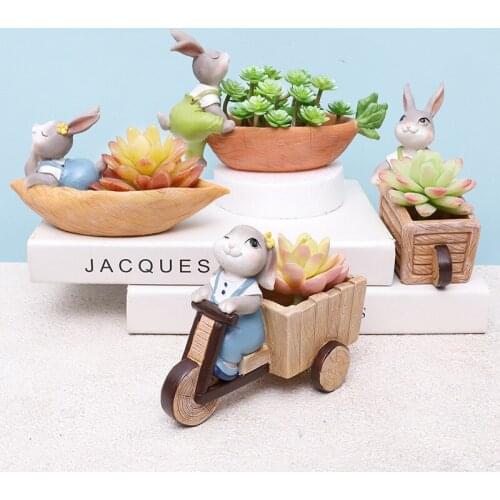 Cartoon Bunny Flowerpot Resin Rabbit Flower Planter Pot Home Decoration Animal Figurine Succulent Plant Pot with Drain Hole