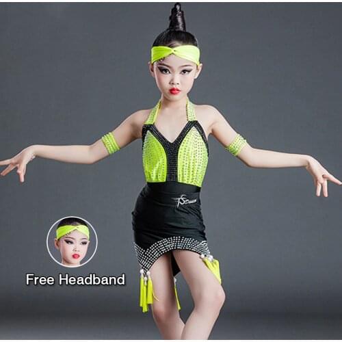 Children Latin Dance Dress Tassel Suit Diamond Practice Clothes For Girls Rumba Performance Stage Outfit Fringe Dress Kids L6194