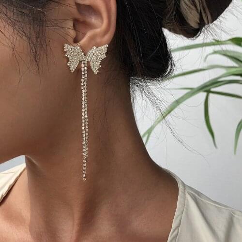 Dvacaman Long Rhinestone Butterfly Dangle Earrings for Women Bling Crystal Fringed Drop Earrings Wholesale Jewelry Dropshipping