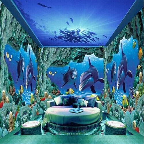 Beibehang custom World photo murals wall paper papel de parede 3d Dolphins seabed TV backdrop mural sticker wallpaper home decor