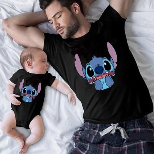 Disney Lilo and Stitch Tees Father and Son Same T Shirt Black Summer Ohana Family Matching Clothes Fashion Harajuku Baby Romper