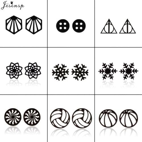 Jisensp Punk Black Stainless Steel Earrings Geometric Women Men Round Snowflake Stud Earring Fashion Jewelry Best Friend Gift