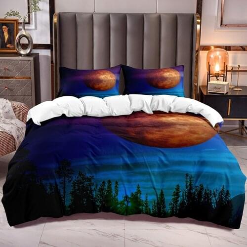 Large Planet Print Duvet Cover Sets with Forest Sky and Planet Pattern Bedding Comforter Cover Zipper Closure
