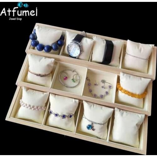Retro 3 Tier Jewelry Pillow Tray Natural Wood Ring Earring Box Watch Pillow Cushion Grid Tray Bangle Jewelry Organizer Box Tray