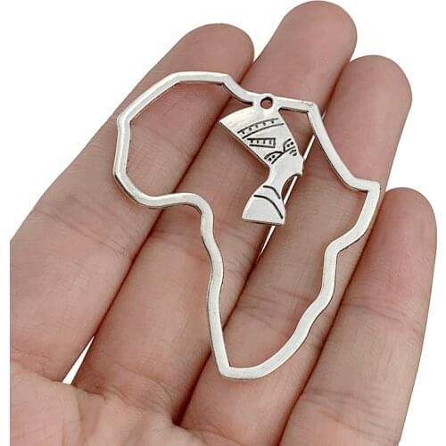 15 x Antique Silver Color Hollow Open Africa Map With Egyptian Queen Nefertiti Charms Pendants for Jewelry Making Accessories
