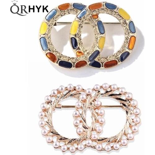 Full Pearl / Colorful Enamel Double Circle Brooch Top Quality Fashion Women Jewelry Handmade Pins Metal Brooch