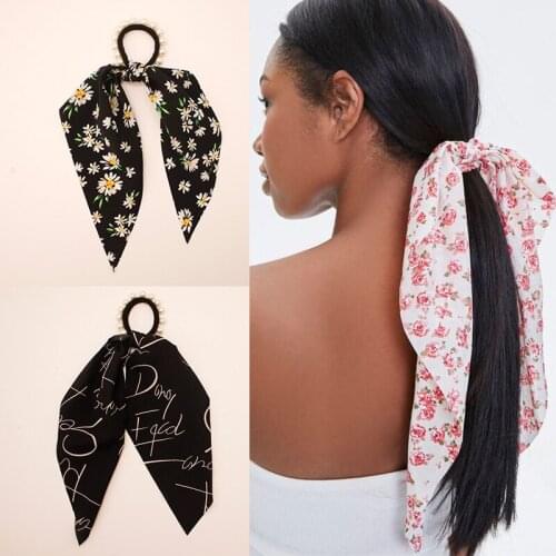 Fashion New Sweet Print Hair Scrunchies for Women Girls Long Riibbon Ponytail Holder Pearl Elastic Hairband Hair Accessories