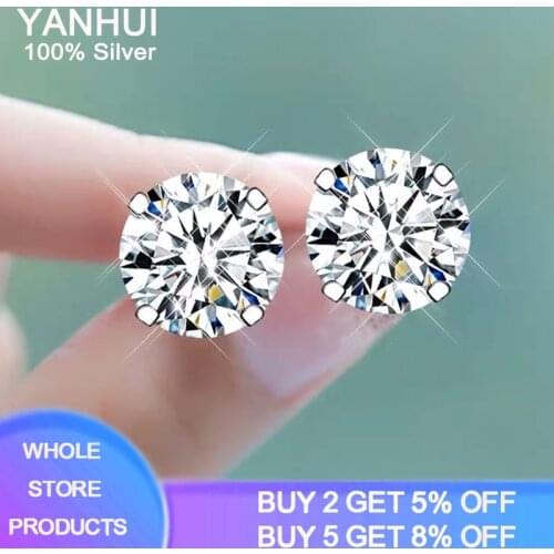 YANHUI 100% Real 925 Sterling Silver Earrings 3-8mm Four Claws Zirconia Diamond Stud Earrings For Women Girl Silver 925 Jewelry