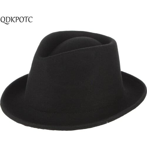 QDKPOTC Autumn Winter New Wool Crimping Fedoras Men Black Jazz Hat Solid Color Wool Trilby Keep Warm Fashion Hats Jewish Hat