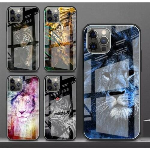 Glass Case For Apple iPhone 11 12 Pro Max XR 7 8 Plus SE 2020 X XS 6 6S 12Mini Tempered Back Phone Cover Lion Alpha Male Tiger
