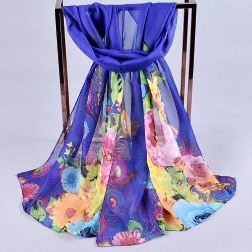 2020 FAL/WIN Peacock feather flower chiffon scarf silk square hijab cool shawl ladies foulard femme Scarves hair bufanda mujer