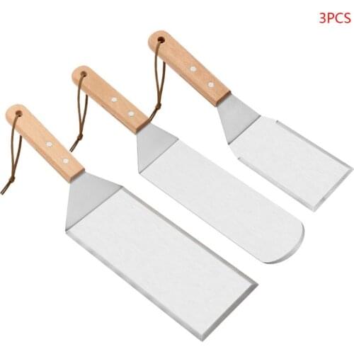 VFGTERTE 3pcs/set Stainless Steel Steak Fried Shovel Flat Spatula Pizza Peel Spade Wooden Handle Camping BBQ Tool