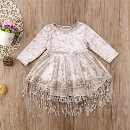 Baby Girl Vintage Princess Dress Kids Velvet Lace Tassel Patchwork Dresses Casual Baby Long Sleeve Dresses Asymmetrical Vestidos