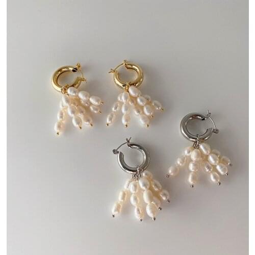 WTLTC White Freshwater Pearls Hoop Earrings for Women Barque Stylish Hanging Tassel Earrings Big Drop Round Charms Earrings