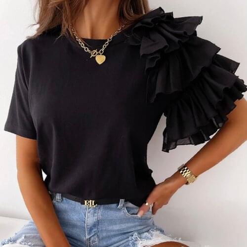 Women Asymmetrical Lace O-Neck Casual T-shirts 2021 Summer Short Solid Color Girls T-shirt New Office Lady Party Tops Fashion