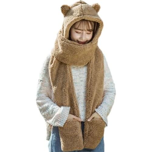 Women Winter Warm Plush One-Piece Hat Scarf Bear Ears Thermal Hooded Earflap Cap