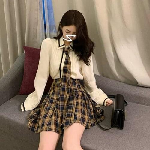 2021 Autumn Two Piece Shirt Skirts Set Womens Turn down collar Bow Long sleeve chiffon Shirt+Plaid pleated Mini Skirt Set