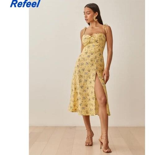 Floral Print Midi Dress Boho Vintage Strappy Cute Women Dress Long Holiday Beach Style Split Female Summer Dress