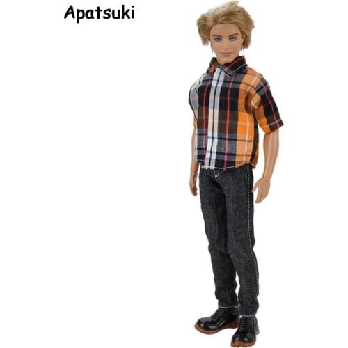 1set 1/6 Boy Doll Clothes For Ken Doll Orange Plaided Shirt & Black Pants Clothes For Barbies Boyfriend Ken Prince Doll Toy