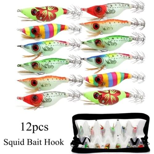 12pcs/set 9g Squid Bait Hooks Big Eyes Wooden Shrimp Jig Fishing Lures Hooks Wood Artificial Luminous Jigging Lure with Bag