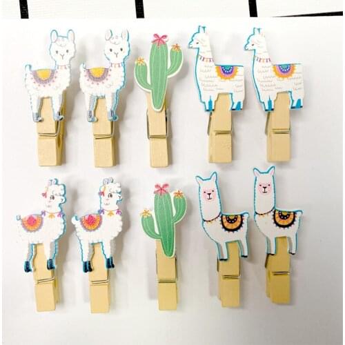 10pcs Cartoon alpaca Wooden Paper Clip Bookmark For Album With Rope Message Stickers Stationery School Office Supply