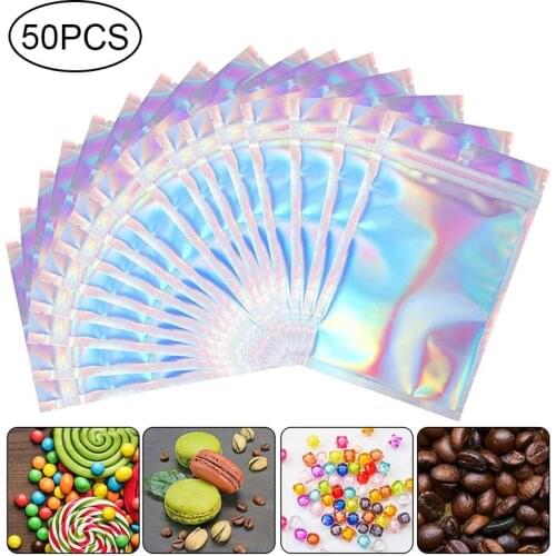 50Pcs Resealable Smell Proof Bags Foil Pouch Bag Seal Candy Snacks Zipper Sealed Cosmetic Jewelry Holographic Laser Storage Bags