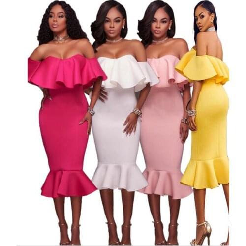 6 Colors Ruffles Dress Women Sexy Slash Neck Slim A-Line Party Dress Autumn Long Sleeves Mini Solid Color Dress