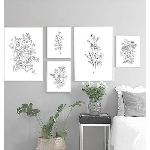 Flowers Abstract Plants Sketch Pencil Drawing Canvas Prints Wildflowers Botanical Black White Wall Art Pictures Painting Decor