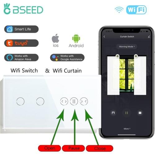 Bseed Wifi Touch Curtain Switch Smart Roller Blinds Shutter Wireless Crystal Smart 1/2/3Gang Touch Light Switches App Control