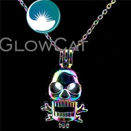 C220 Rainbow Skull Head Beads Cage Pendant Essential Oil Diffuser Aroma Pearl Cage Locket Necklace