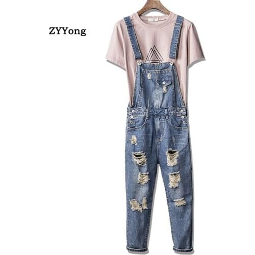 Retro Ripped Men Jeans Bib Overalls Ankle Length Streetwear Hip Hop Hole Denim Jumpsuits Trousers Leisure Tattered Freight Pants