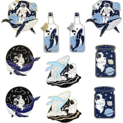 Astronaut whale backpack Enamel Brooch Spaceship constellation Rocket Planet Water Bottle Badges Jewelry Gifts for Explorers