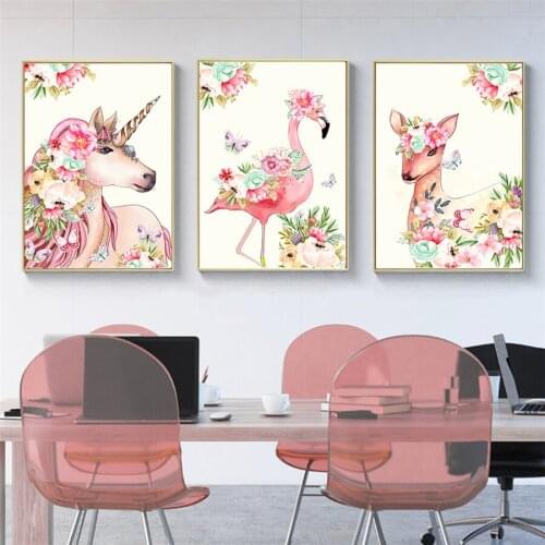 Canvas Painting Pink Flower Unicorn Flamingo Poster Wall Art Kindergarten Print Nordic Decorative Picture Child Bedroom Decor